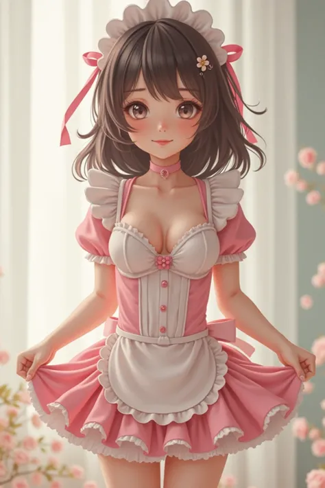 Little Loli in delicate clothes full of kawaii details ,  short and tight maid uniform sex with an exhibitionist Bralette that barely covers her small baby nipples. Front view from below ,  lifting her skirt with her little hands to show a pretty pink and ...