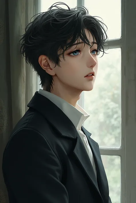 Make me a character that is a man similar to this one with slightly longer hair sitting looking up referring to the world of yaoi