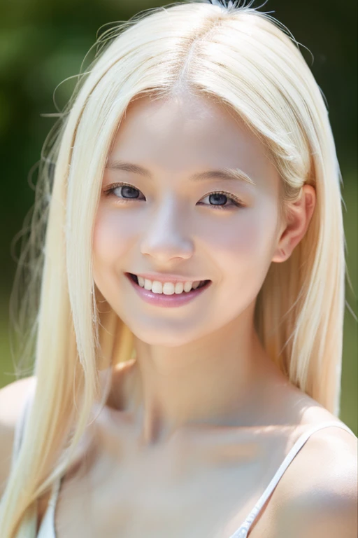 Girl with blonde hair, pale white skin, clear glow skin, white, Chinese girl, smile, sunlight 