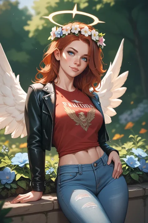 Adult woman, pair of wings and halo, short unkept auburn hair, toned body, freckles all around, grey-blue eyes, leather jacket, t-shirt, jeans, flower crown.