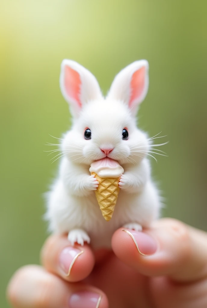 There is a little bunny on the finger ， Little Minzis body is the size of a nail cover ，White furry， It holds a small object similar to ice cream in its mouth。Natural background blurry ， to highlight the cute image of Little Minzi 。 a clear cute image of a...