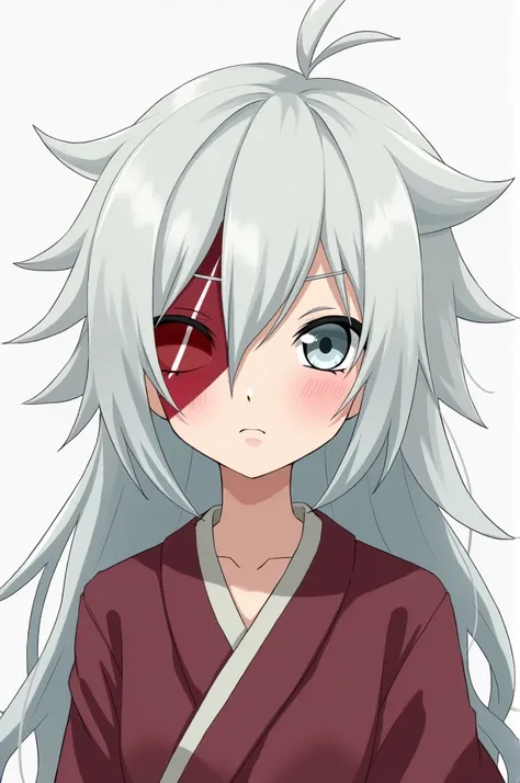 
 create an image of a character : GENDER:  Not Determined
Toshirō has a thin body ,  of a somewhat fragile appearance and fair skin . The hair is white,  very long and peaked without a definite cut , and gray-red eyes ,  with a scar on the eyes made of a ...