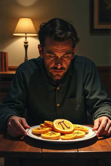 Un homme à table avec une assiette remplie de pièces de π