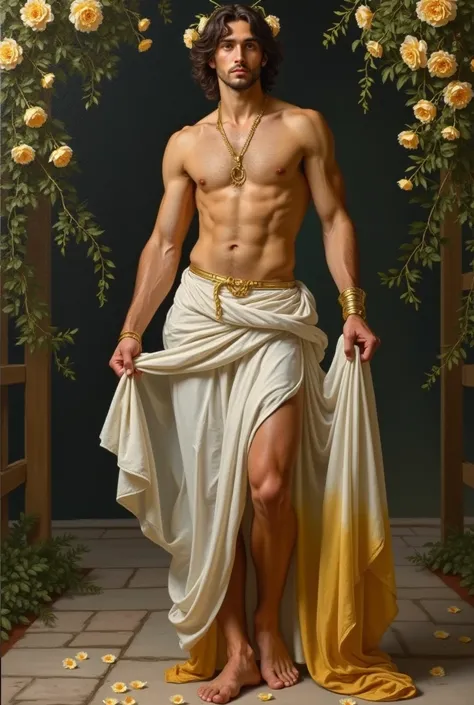   Ancient Greek style ,greek art, an oil paint painting on canvas , of a young Greek man of angelic beauty equal to the Greek gods ,oval face, defined jaw, curly wavy dark brown hair loose on his head to a garland of gold flowers , thin athletic and volupt...