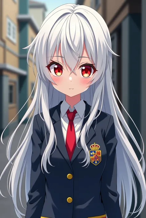 Female body of a 16-year-old boy Background house anime style MY ACADEMIC HERO wears the uniform of the U. . With white hair largo y desordenado one eye red and the other yellow expression enojada y boca medio serrada