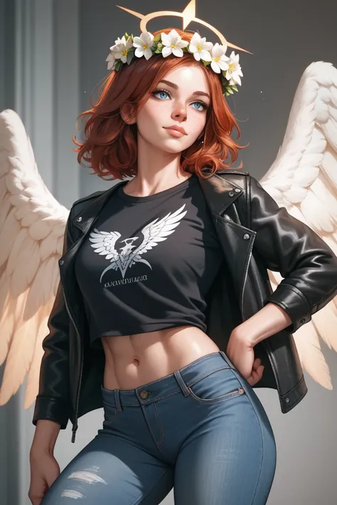 Adult woman, pair of wings and halo, short unkept auburn hair, toned body, freckles all around, grey-blue eyes, leather jacket, t-shirt, jeans, flower crown.