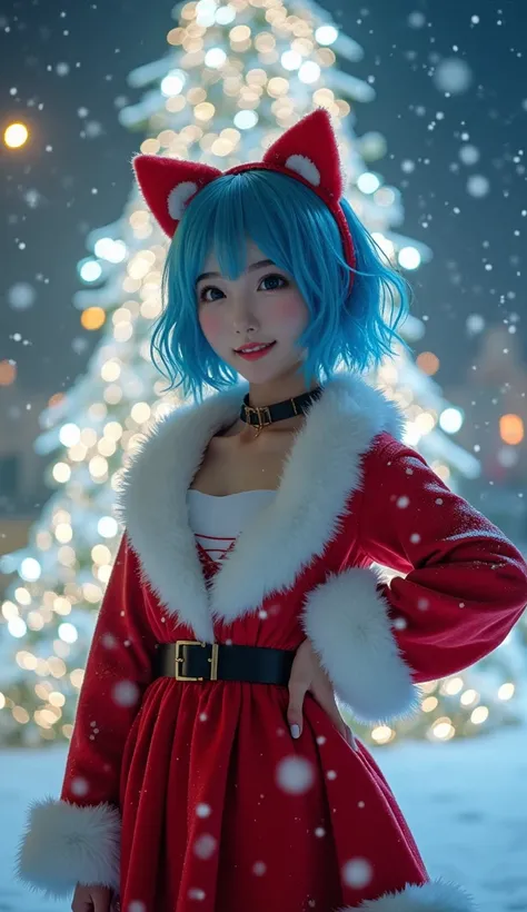 Studio Raw Photo Art ((32k UHD High Definition, 16k HDR Cinematic Art)) "A radiant 18-year-old woman in a fluffy Santa Claus outfit faces the viewer with an angelic smile. Her short blue hair adorned with two cat ears creates a fascinating contrast against...