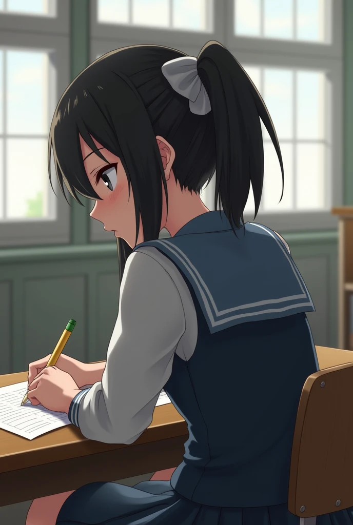 A picture of a woman in a school uniform, with black hair tied up, with a ponytail and a bow, sitting at a desk behind a man with black hair, handsome, and the woman is secretly looking at this man without the man realizing it, because he is writing a work...