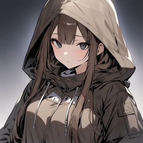  One girl , masterpiece,  top quality ,  Long Straight、Black eye hood、 hoodie、Brown Hair, 