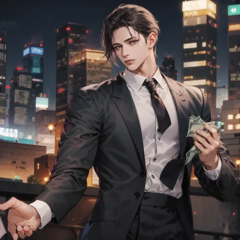 Mafia, ultra detailed, boy, dark, money, comma hair