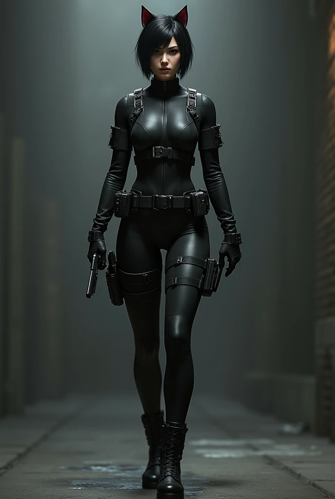 Ada Wonk from Resident Evil 4 remake dressed as tactical equipment and with cat ears 