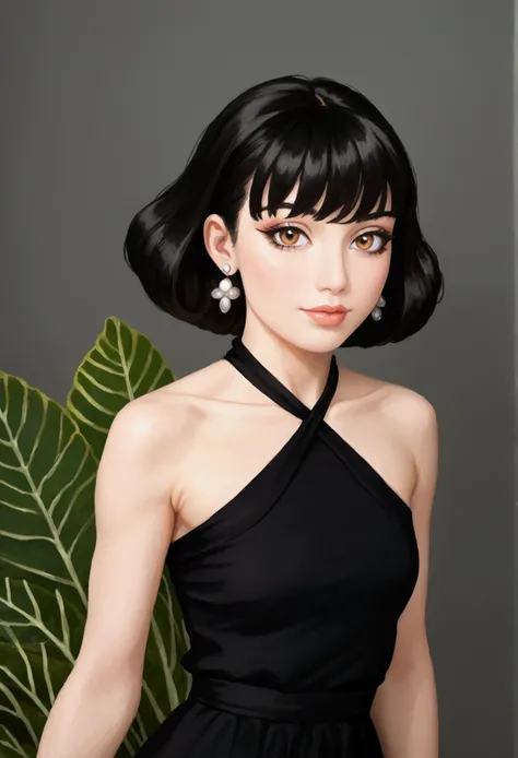 "Portrait of elegant beauty, (semi-realistic anime style:1.3), (short messy black hair with wispy layers:1.2), (amber brown eyes:1.2), (crossed halter neck black dress:1.3), (smooth porcelain skin:1.1), (rosy cheeks and coral lips:1.1), (sharp winged eyeli...