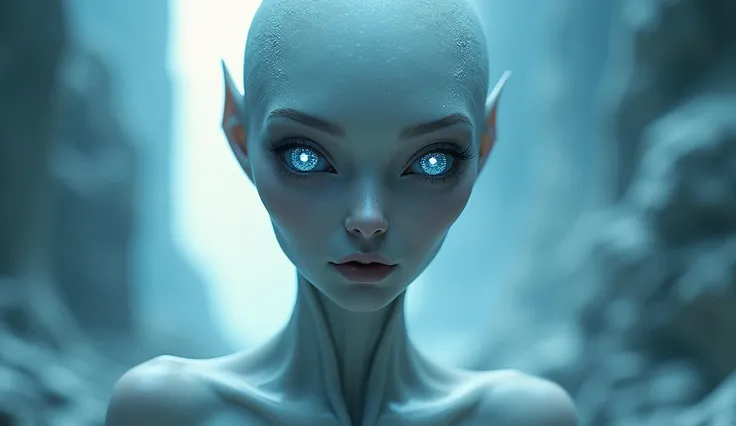 A cool female alien with a human-like appearance. Its eyes shine like stars.