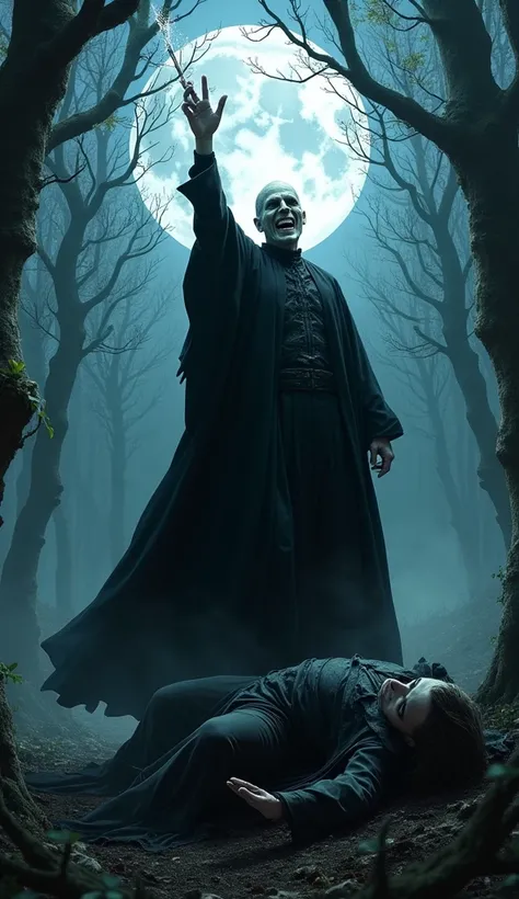 Voldemort stands victorious in a moonlit forest, his wand crackling with dark energy as Remus Lupin lies defeated at his feet. Lupin’s robes are shredded, and his werewolf form is partially reverted, symbolizing his struggle. The air is thick with mist, an...