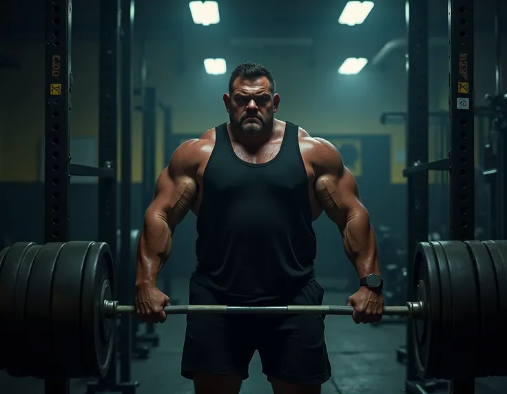  powerful fat man exercising weights in sportswear, with courage and determination in the gym at night