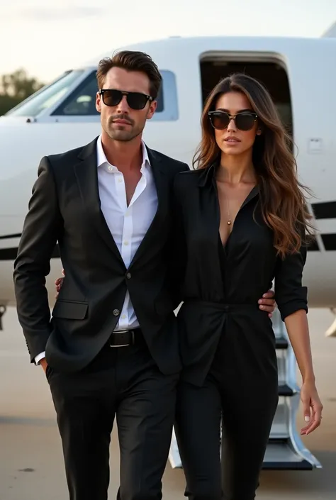   a beautiful woman, Brown hair,brown eyes, set of black pants and shirt,con black sunglasses,getting out of a private plane,together with an attractive man , Brown hair,black sunglasses,Black suit, that reflect elegance and pride  
