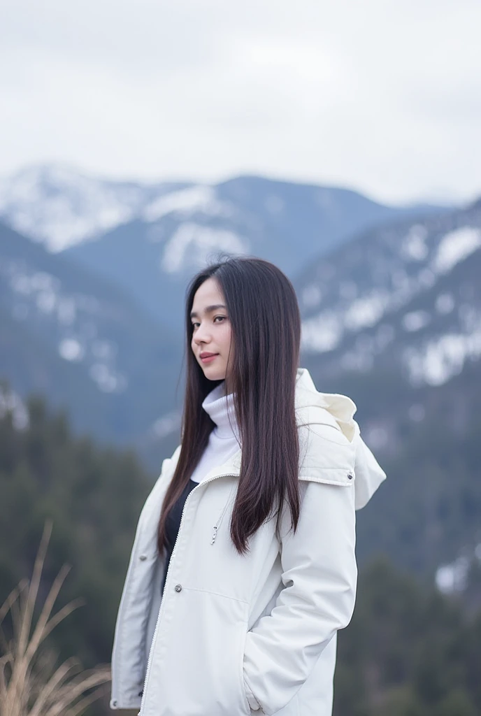 A realistic image of a beautiful Korean woman with long, dark longhair open forehead, large breasts, pale pink smooth skin, standing confidently at the top of a hill. She is wearing a white downlight jacket, open chest, no underwear, winter pants, hiking s...