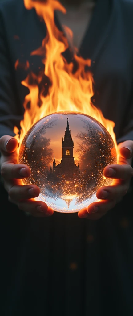 Super close up of a huge flaming crystal ball ,( A dark tower shrouded in deep fog is dramatically reflected inside the crystal ball:2.0),(The Old Wizards Room ), fantasy world ,( A wizard woman is putting her hands on a crystal ball:2.0)