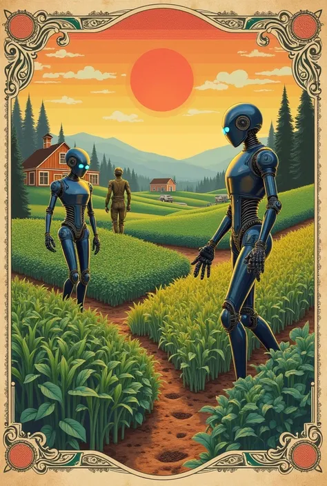 NSFW Vintage style label 
1960s stereotypical hippie commune farm
Hippie humanoid robots tending to and harvesting crops