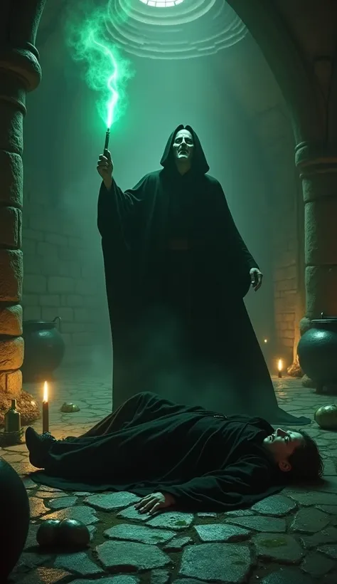 Voldemort stands coldly triumphant in a dimly lit dungeon, his wand emitting a pulsing green light that casts sinister shadows on the stone walls. Severus Snape lies motionless on the floor, his black robes spread out around him, and a shattered vial of po...