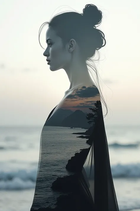  HIGH QUALITY, 8K ultra HD, Una hermosa double exposure que combina una silueta de diosa con la costa al atardecer,  the coast at dusk should serve as a backdrop ,  with its details incorporated in the goddess , sharp lines, The background is monochrome,  ...