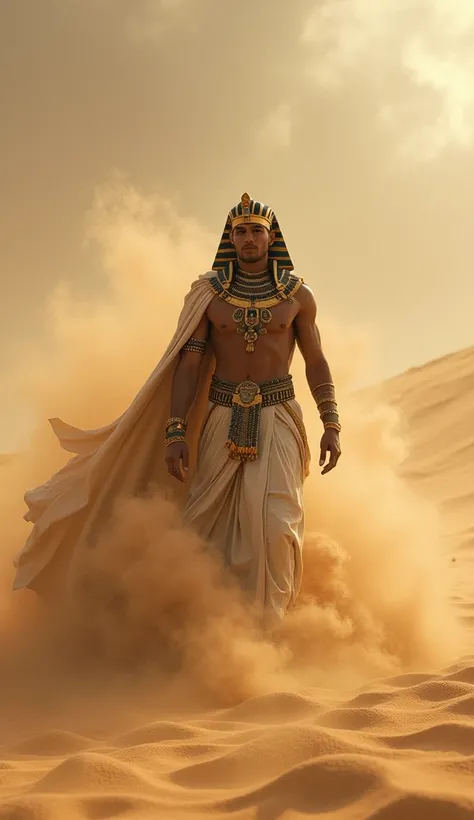 Create the hyper realistic image of a young Egyptian man prince walking alone in the desert amidst a sandstorm