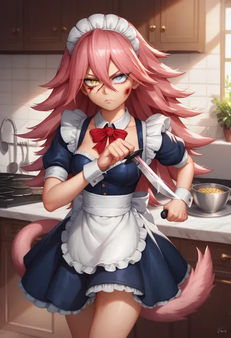 masterpiece, top quality, high quality, super detailed, super detailed, beautiful, elaborate, 1girl, loli, maid, holding knife, bloody, yandere, disappointment, disgust, neutral, expressionless, running, gaze, twin-tail, pink hair, gold eye, silver eye, he...