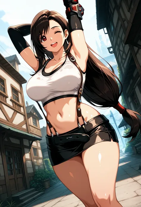 (masterpeace,Best Quality,amezing quality),(official style),(newest:1.3),,smile,one eye closed,:d  ,1girl,tifa lockhart, final fantasy,cute,tareme,glistening skin,  long hair,shiny hair, solo, ,red eyes,  ,(tank top,wrinkles in clothes),large breast,suspen...