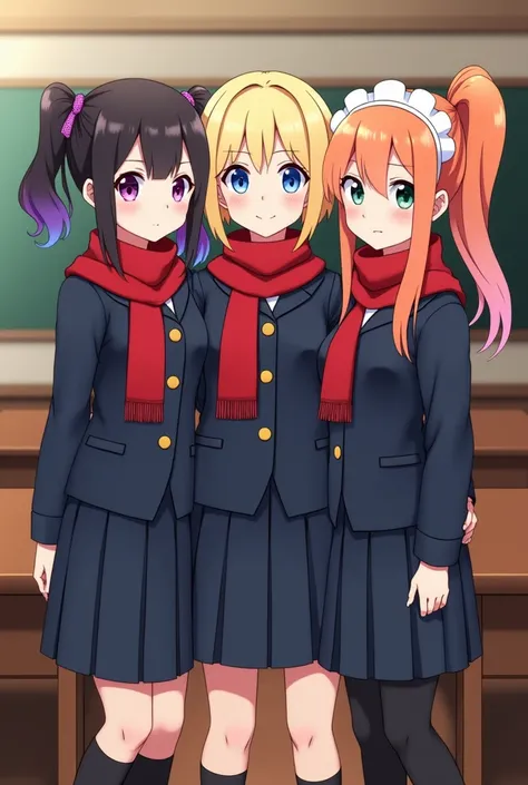 An anime-style illustration featuring the three sisters, Badb, Nemain, and Macha, standing together in a detailed classroom setting, wearing a navy blue school uniform with a red scarf. Each sister keeps her distinct style while wearing the uniform: Badb i...