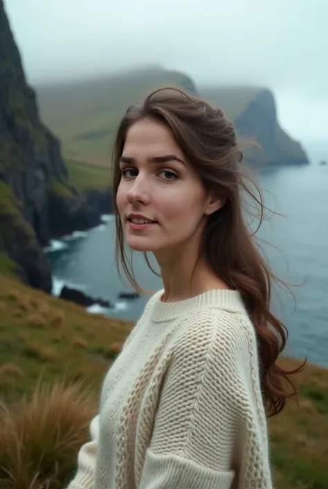 make her using sweater, landscape in the faroe islands