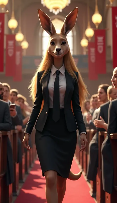 Here’s the adapted prompt featuring **Harvard** while maintaining the same detailed characteristics:

---

**Ultra-Detailed Prompt**:  
"Create a hyper-realistic digital artwork depicting an anthropomorphic female kangaroo arriving at a prestigious academi...