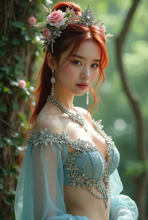 Shot with canon,Korean net idol girl with red ponytail. Her big breasts, her bra is adorned with jewels, shows off a pretty hill, she adorns flowers on her head and has a thin blue-white veil that shows off her seductive shoulders and hills, conveying the ...