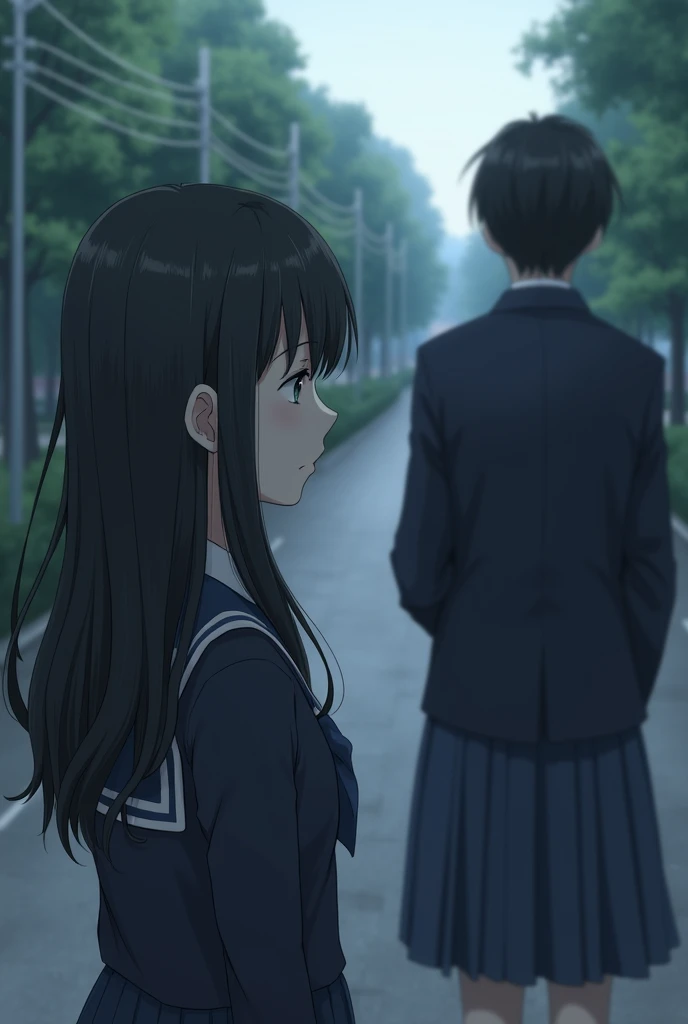 A black-haired woman in a school uniform is looking on, a black-haired man in a school uniform in front is at a distance, without him noticing the man, not seeing the woman.