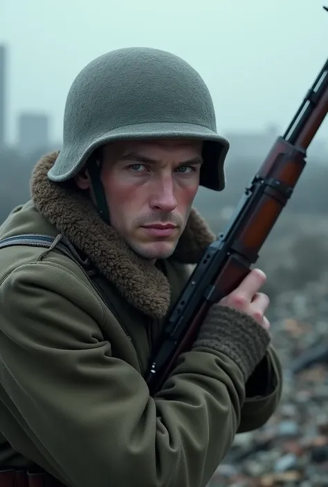 (a Soviet soldier from World War II), determined look, 1942, in a heavy winter uniform, in the defensive trenches of Stalingrad, with the citys skyline in ruins behind, focusing on the soldiers face and weapon, close-up shot, hyper-realistic, photo realism...