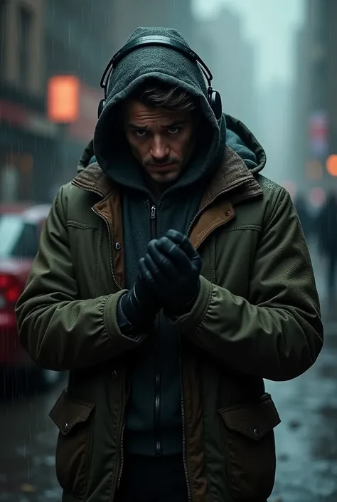 "A realistic superhero spiderman with big eyes staring with dark intentions wearing a dark green and brown winter jacket, with a headset, in a rainy and dark environment, adjusting his gloves. The scene should be moody and atmospheric, with raindrops clear...