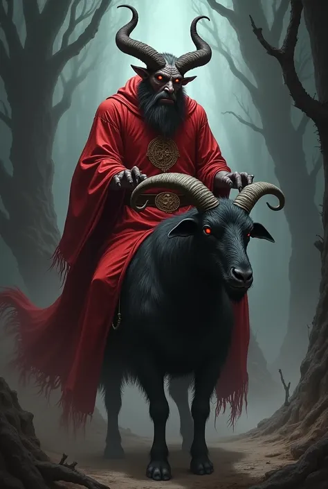 Old red demon riding a small black goat,  big horns , big beard. Dark Background , Rays ,  darkness . 
 Lucifers Seal , left 