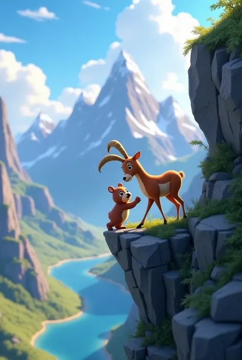 A chamois saves a bear cub on a cliff 3D cartoon. Disney pixar style