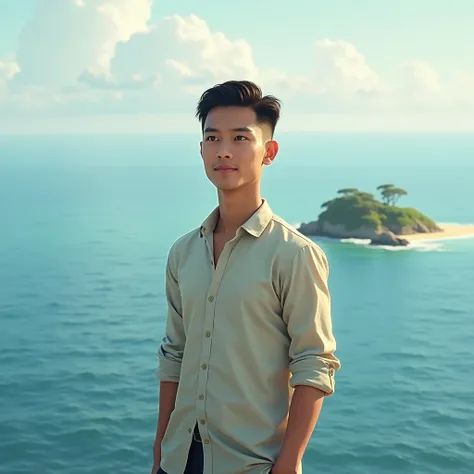 Chàng trai trẻ người việt nam khoảng 20 tuổi, has beautiful eyes,  high nose , neatly cut short hair, standing on an island in the middle of the sea 