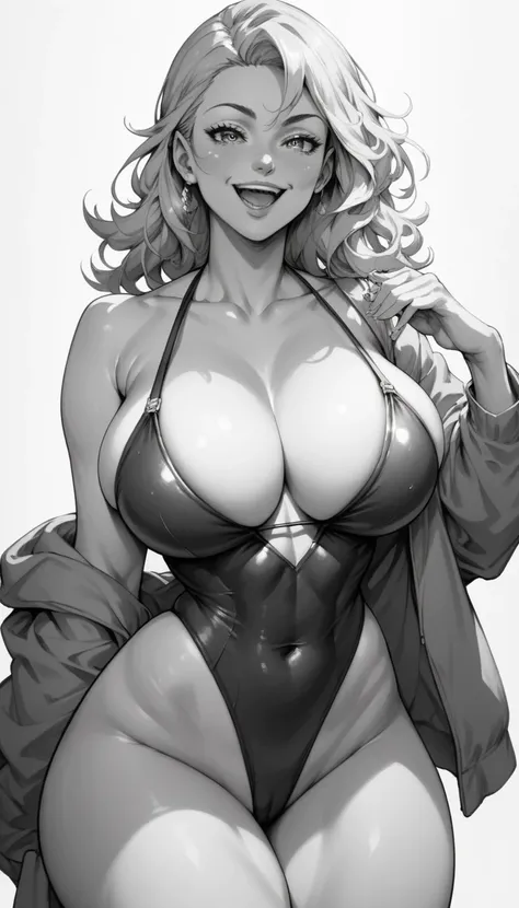     monochrome,  manga style,manga,  ,A girl in a black swimsuit, Long light hair,  expressive eyes , ,  big breast , one foot raised, desenho  monochrome,  thick thighs , Detailed lines, open smile,  white background