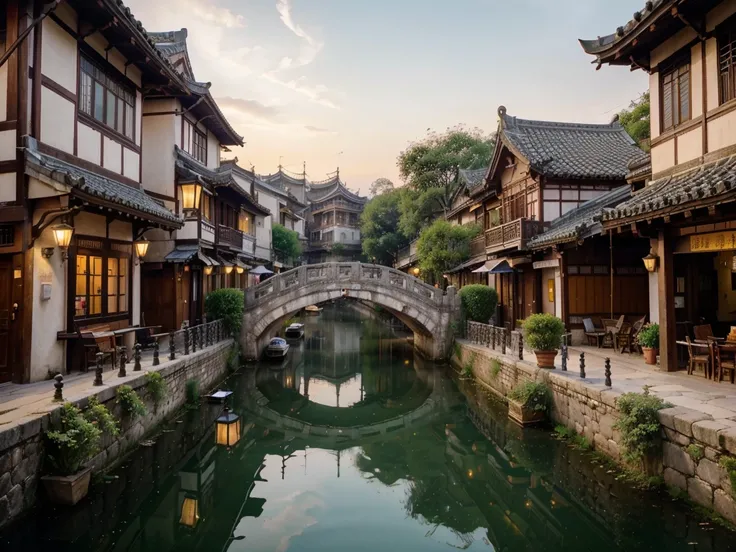 (best quality,4k,highres,masterpiece:1.2),ultra-detailed,realistic:1.37,Huizhou Architecture, dreamy Chinese town,beautiful traditional architecture,serene landscape,historical charm,vibrant colors,happy ren playing in the streets,lanterns illuminating the...