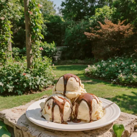 icecream and Chocolate on the table, garden, masterpiece, best quality, detailed, high resolution, photorealistic