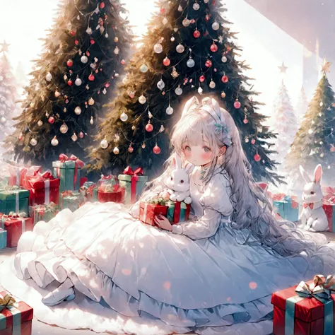  a girl bunny sitting on the floor surrounded by many gifts, christmas tree. The girl have a long white hair, wear a white princess dress. cute, ,Colored, light blush, pastel palette.