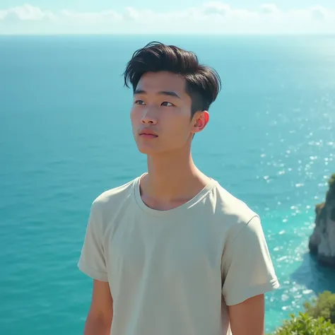 Chàng trai trẻ người việt nam khoảng 20 tuổi, has beautiful eyes,  high nose , neatly cut short hair,  wearing short-sleeved shirt, standing on an island in the middle of the sea 