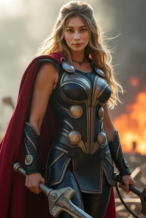  a woman wearing a Thor costume from the movie Avengers Endgame ,  showing cleavage ,  ((((  Im not wearing a helmet  )))), ((( holds Mujonia, a weapon shaped like Thors hammer, in her right hand,  has a leather strap under Mujonias grip ))), ((( big breas...