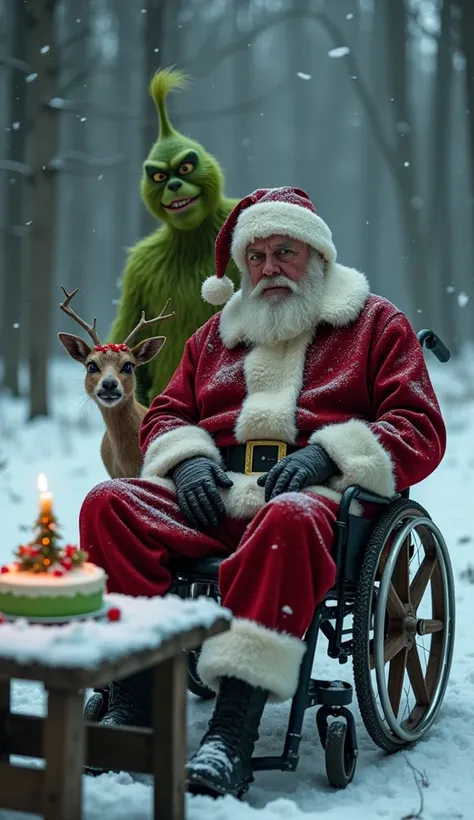 Create a realistic and cinematic-style image of a sorrowful Santa Claus sitting in a wheelchair in the middle of a snowy, desolate forest. Santas iconic red suit is torn and tattered, revealing signs of wear and hardship, with patches of fabric missing and...