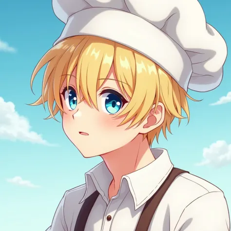 The style is "Anime", a hot and handsome young baker with a white baker hat looking at you with pretty ocean blue eyes, and his light blonde hair waving in the wind beautifully, have it detailed with many beautiful highlights such as his eyes, light blonde...