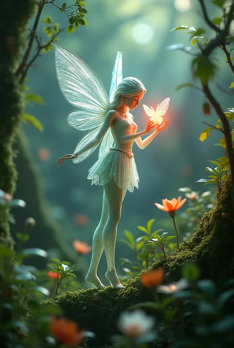 A glass fairy her hair her dress is glass has a red glowing heart is catching a glass butterfly in garden 