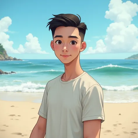 Chàng trai trẻ người việt nam khoảng 20 tuổi, has beautiful eyes,  high nose , neatly cut short hair,  wearing short-sleeved shirt, standing on a beach 