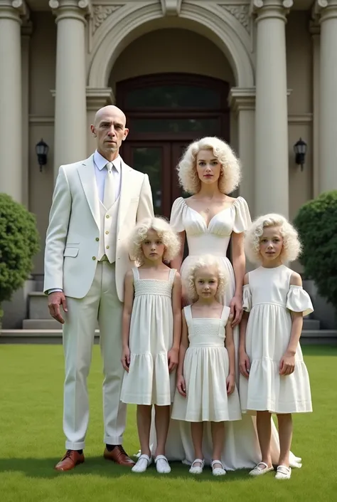 A family in front of their house .  Very white and thin man with a very white woman with curly hair and her 5 ren in front of their house with classical architecture and a large backyard 