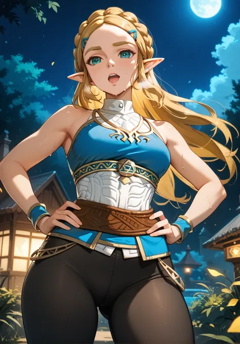 masterpiece, best quality, highres, aazelda, Princess_Zelda, long hair, crown braid, hairclip, pointy ears, blue tanktop,, black pants with yellow stripes, tight pants, night, standing, cowboy shot, outdoors, out of breath, sweaty, sweating, hands on hips,...